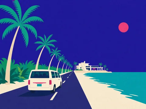 Van blanca por la carretera de palmeras hacia un hotel de Bávaro