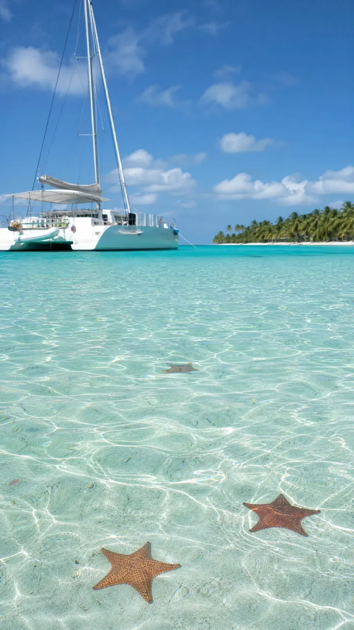 Piscina natural de Isla Saona con un catamarán anclado